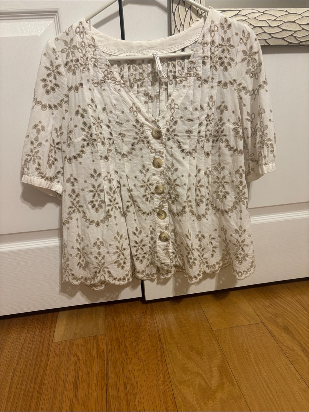 Feather Bone, Embroidered White Cotton Button-Front Women's Top